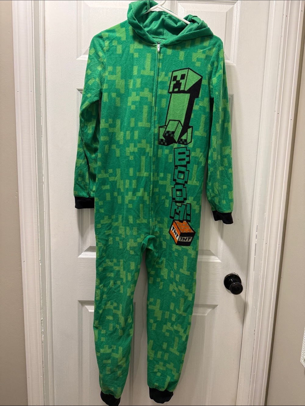 Green Pixel Creeper Print Kids' Hooded One-Piece Jogger